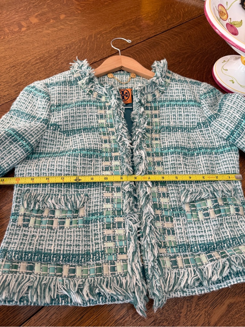 Tory Burch light green and white Tweed jacket with Fringe Trim - Picture 4 of 8